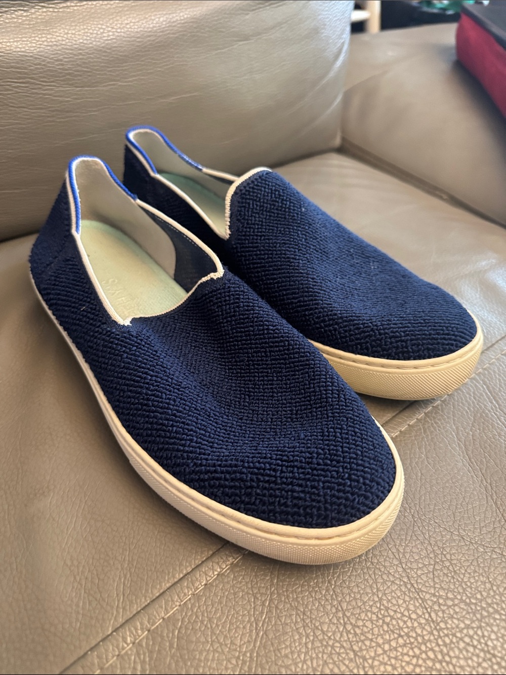 Rothy's Textured Navy Knit Slip-On Sneakers with Cream Soles size 10.5
